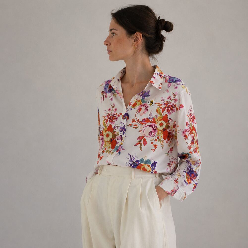 DIOR x KAWS 2019 Bouquet De Fleurs Shirt Womens US 39/M Floral Silk Button-up